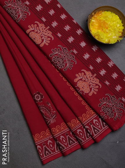 Cotton block printed saree maroon with floral butta prints and printed border