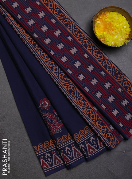 Cotton block printed saree navy blue with floral butta prints and printed border
