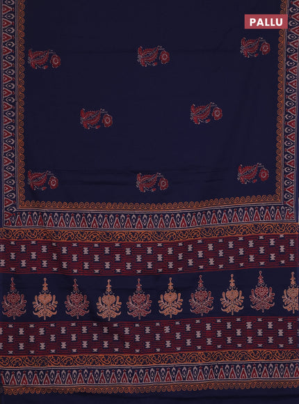 Cotton block printed saree navy blue with floral butta prints and printed border