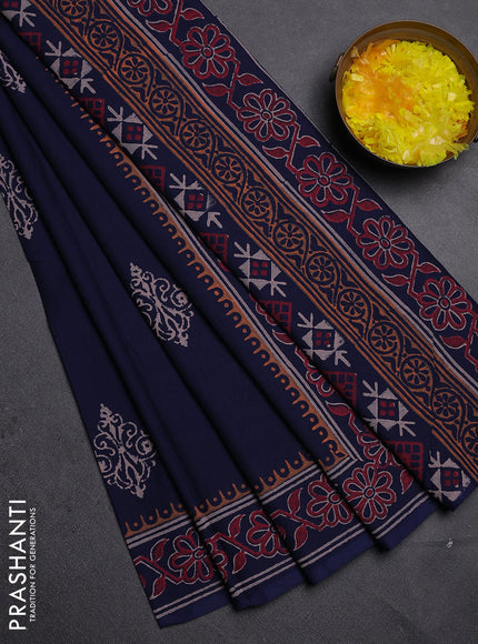 Cotton block printed saree navy blue with butta prints and printed border