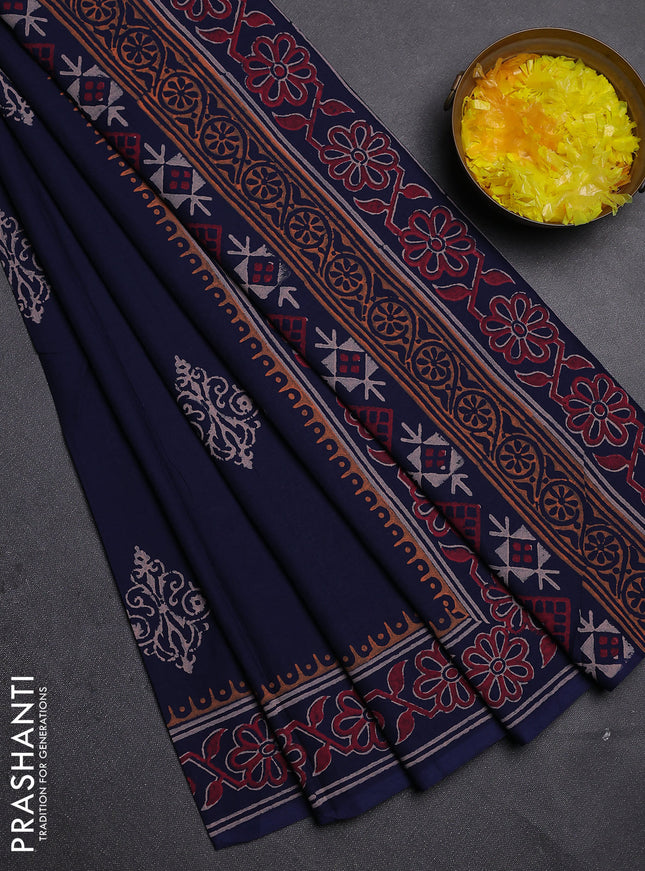 Cotton block printed saree navy blue with butta prints and printed border