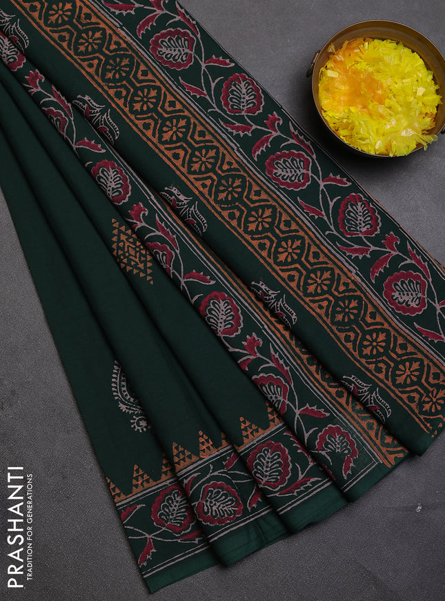 Cotton block printed saree bottle green with butta prints and printed border