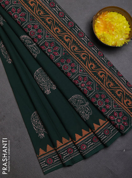 Cotton block printed saree bottle green with elephant butta prints and printed border