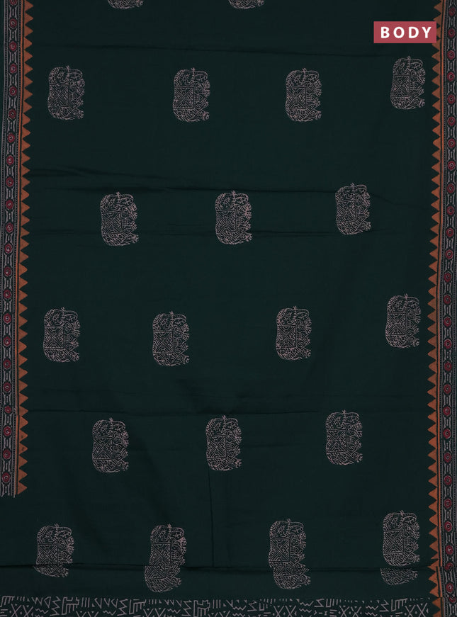 Cotton block printed saree bottle green with elephant butta prints and printed border