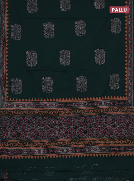 Cotton block printed saree bottle green with elephant butta prints and printed border
