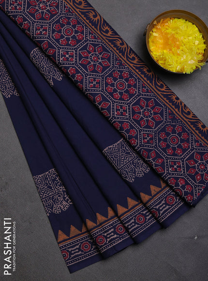 Cotton block printed saree navy blue with elephant butta prints and printed border