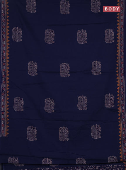 Cotton block printed saree navy blue with elephant butta prints and printed border