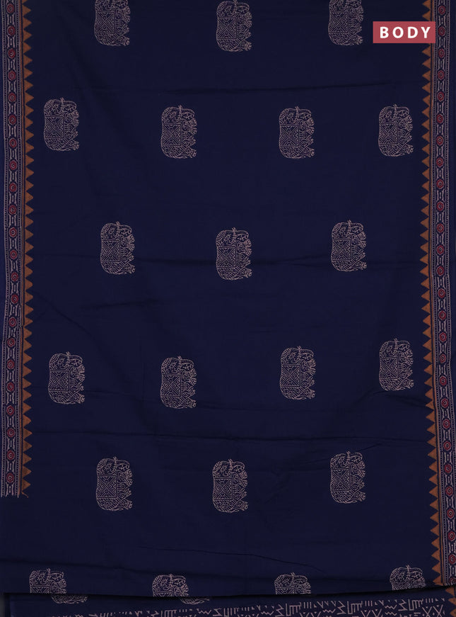 Cotton block printed saree navy blue with elephant butta prints and printed border
