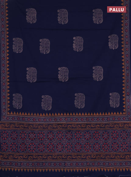 Cotton block printed saree navy blue with elephant butta prints and printed border