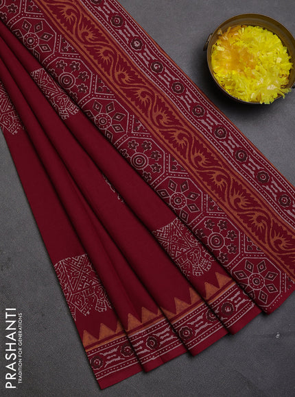 Cotton block printed saree maroon with elephant butta prints and printed border