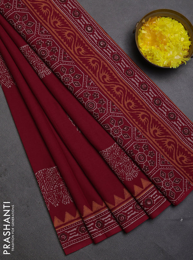 Cotton block printed saree maroon with elephant butta prints and printed border