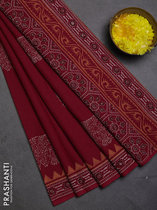 Cotton block printed saree maroon with elephant butta prints and printed border