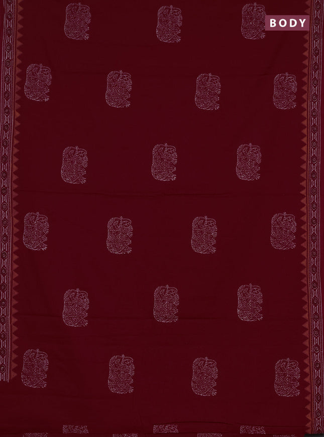 Cotton block printed saree maroon with elephant butta prints and printed border