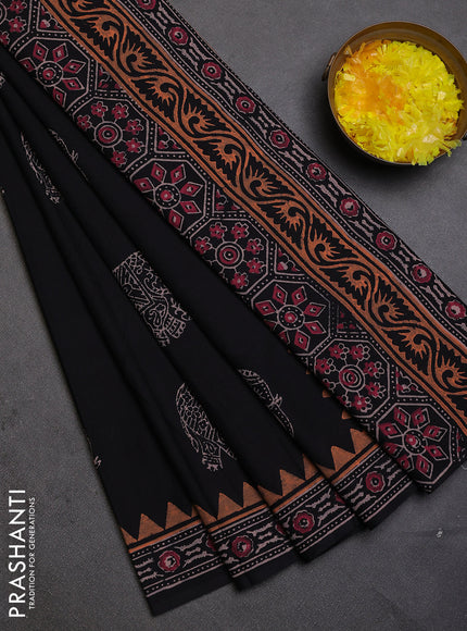 Cotton block printed saree black with elephant butta prints and printed border
