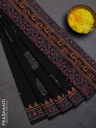 Cotton block printed saree black with elephant butta prints and printed border