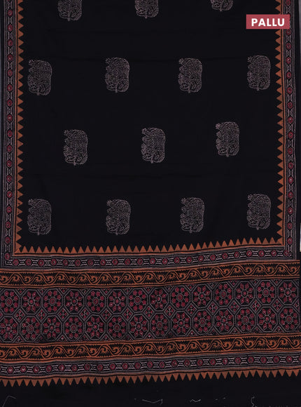 Cotton block printed saree black with elephant butta prints and printed border