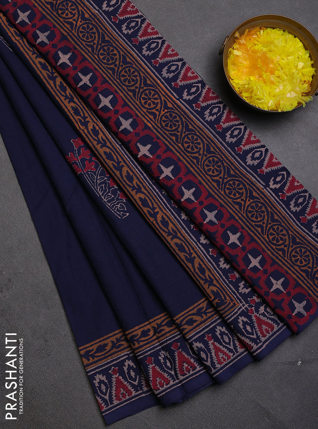 Cotton block printed saree navy blue with butta prints and printed border
