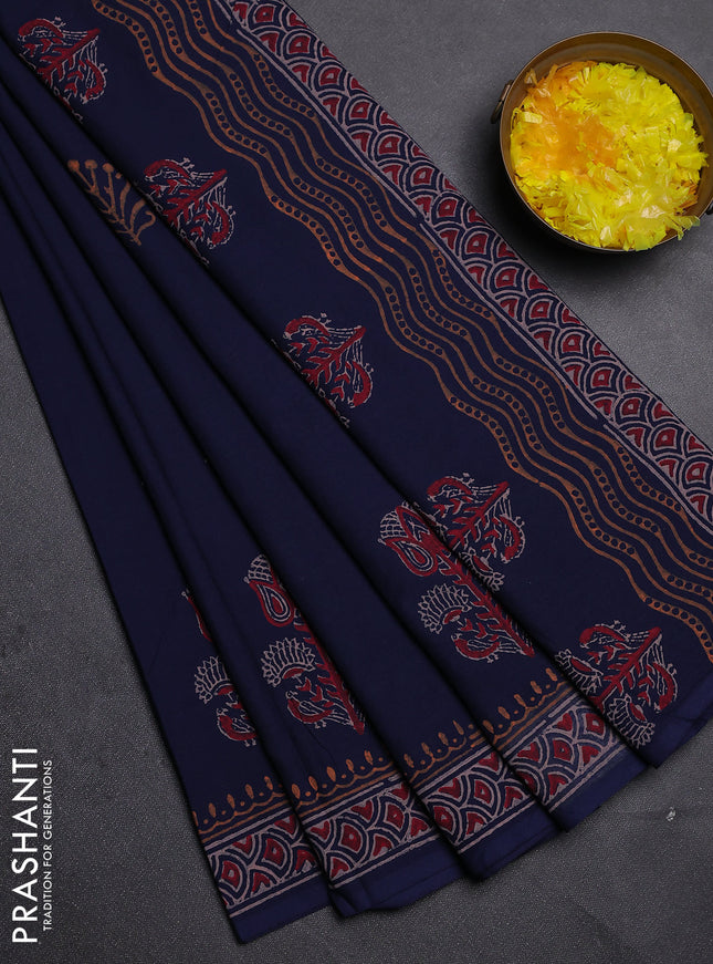 Cotton block printed saree navy blue with butta prints and printed border