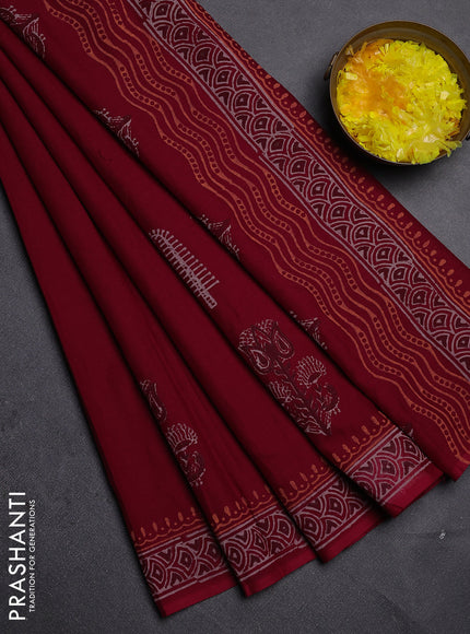 Cotton block printed saree maroon with butta prints and printed border