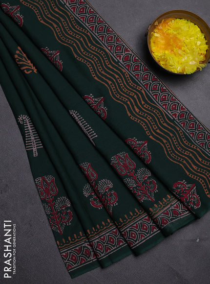 Cotton block printed saree bottle green with butta prints and printed border