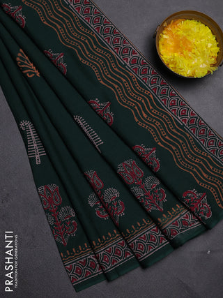Cotton block printed saree bottle green with butta prints and printed border