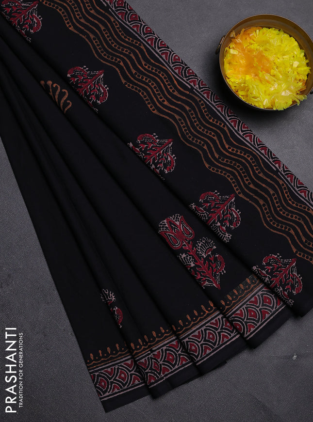 Cotton block printed saree black with butta prints and printed border