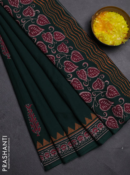 Cotton block printed saree bottle green with butta prints and printed border