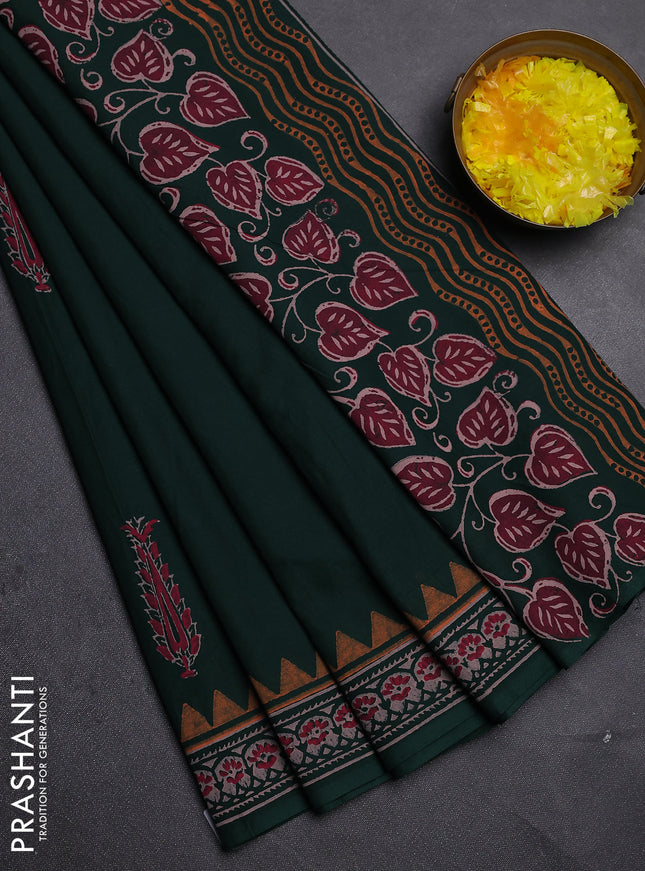 Cotton block printed saree bottle green with butta prints and printed border