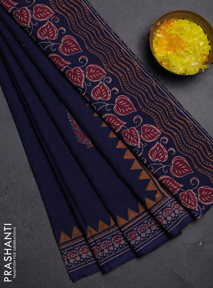 Cotton block printed saree navy blue with butta prints and printed border