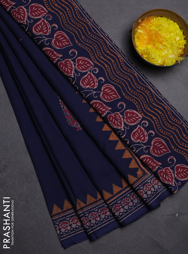 Cotton block printed saree navy blue with butta prints and printed border