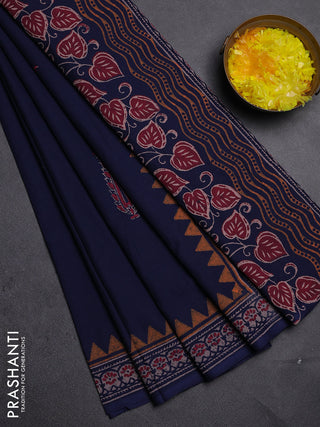 Cotton block printed saree navy blue with butta prints and printed border