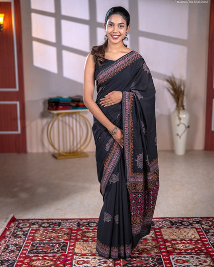 Cotton block printed saree black with butta prints and printed border