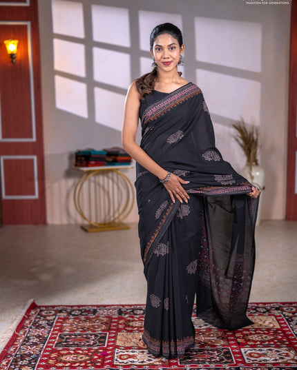 Cotton block printed saree black with butta prints and printed border