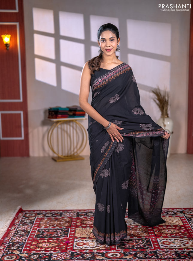 Cotton block printed saree black with butta prints and printed border