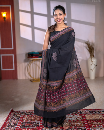 Cotton block printed saree black with butta prints and printed border