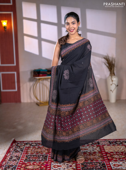 Cotton block printed saree black with butta prints and printed border