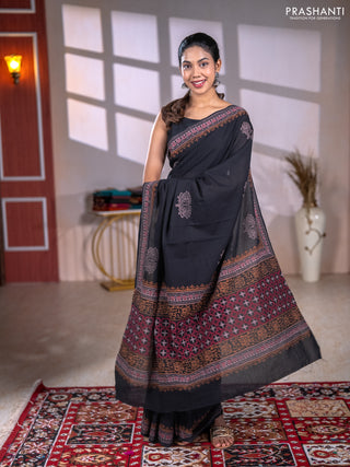 Cotton block printed saree black with butta prints and printed border