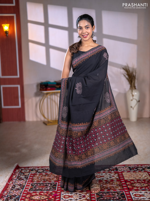 Cotton block printed saree black with butta prints and printed border
