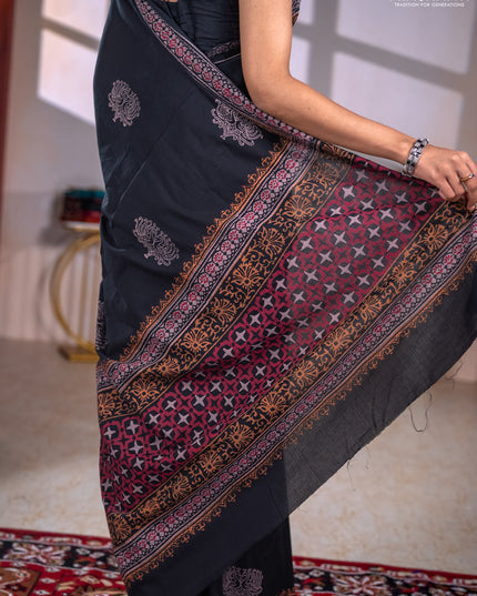 Cotton block printed saree black with butta prints and printed border