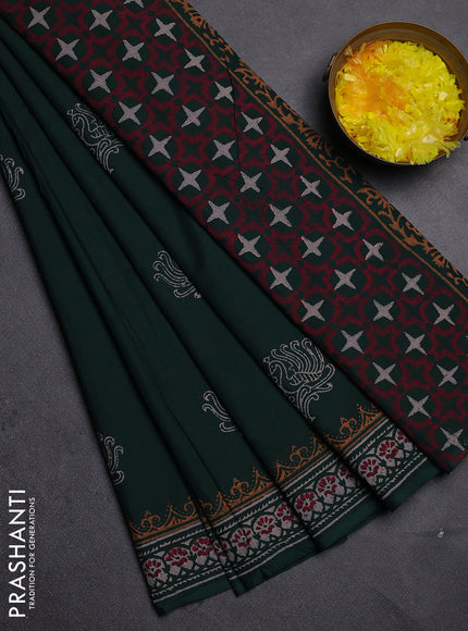 Cotton block printed saree bottle green with butta prints and printed border