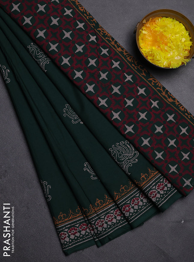 Cotton block printed saree bottle green with butta prints and printed border