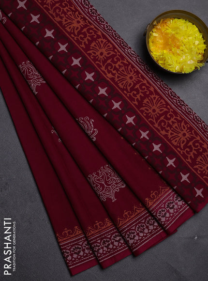 Cotton block printed saree maroon with butta prints and printed border