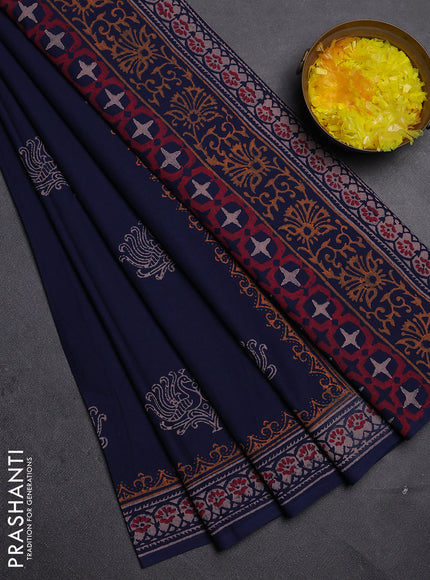 Cotton block printed saree navy blue with butta prints and printed border