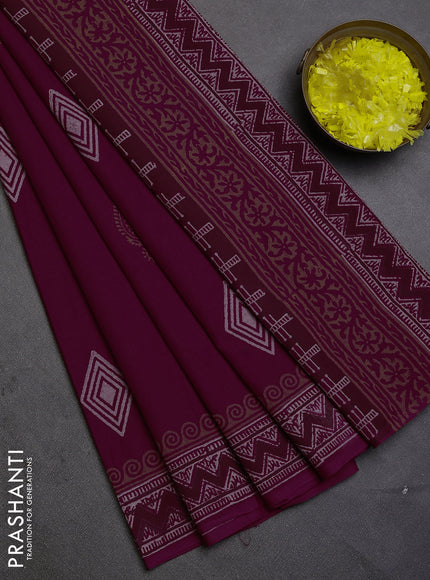 Cotton block printed saree maroon with geometric butta prints and printed border