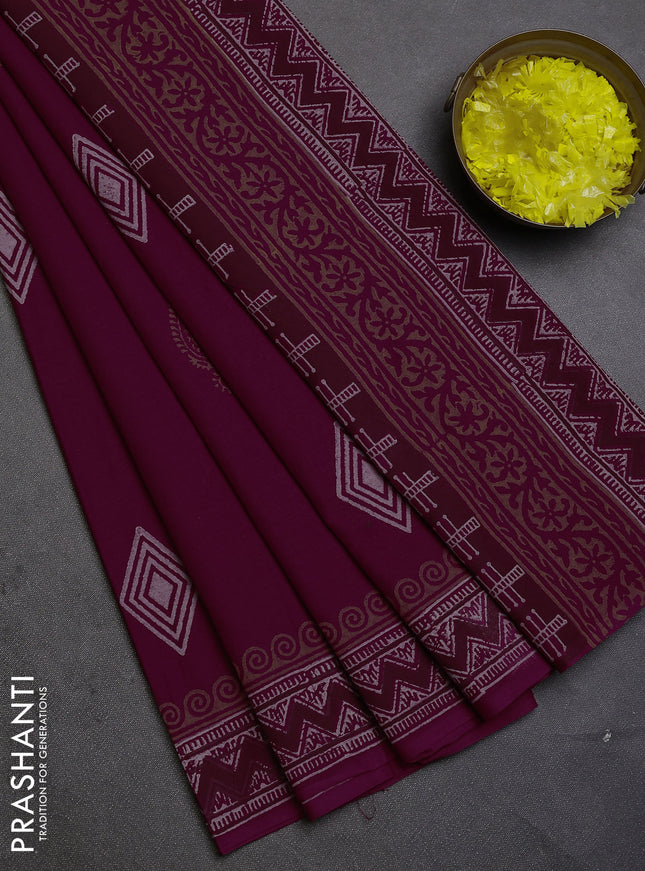 Cotton block printed saree maroon with geometric butta prints and printed border