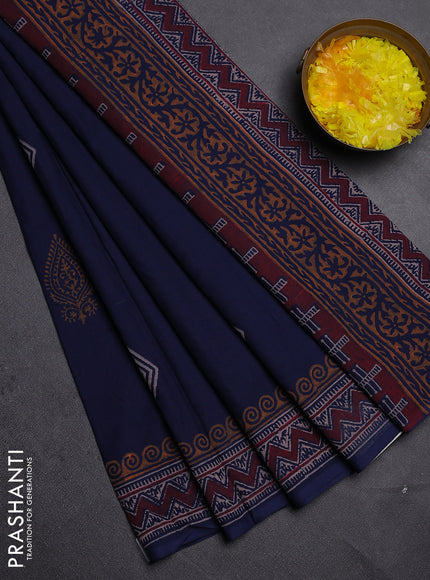 Cotton block printed saree navy blue with geometric butta prints and printed border