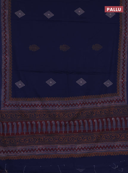 Cotton block printed saree navy blue with geometric butta prints and printed border