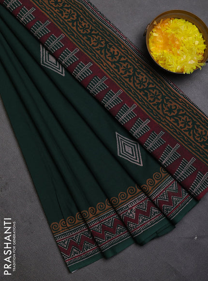 Cotton block printed saree bottle green with geometric butta prints and printed border