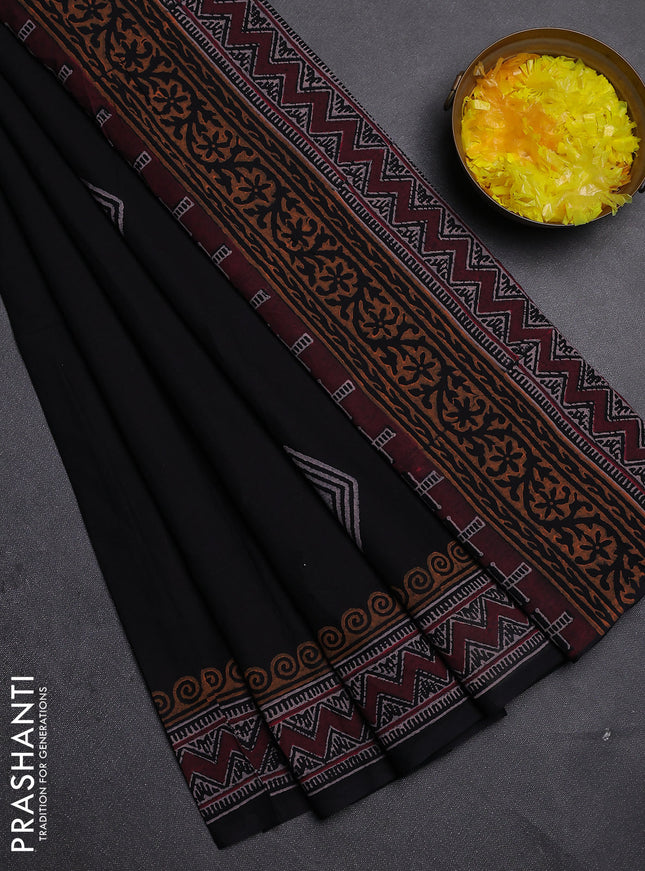 Cotton block printed saree black with geometric butta prints and printed border