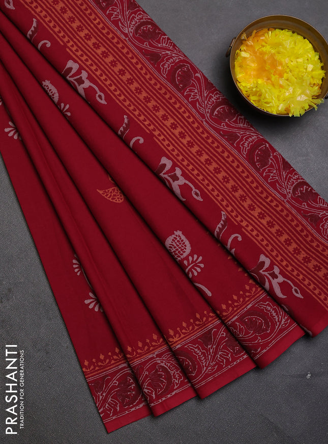 Cotton block printed saree maroon with butta prints and printed border